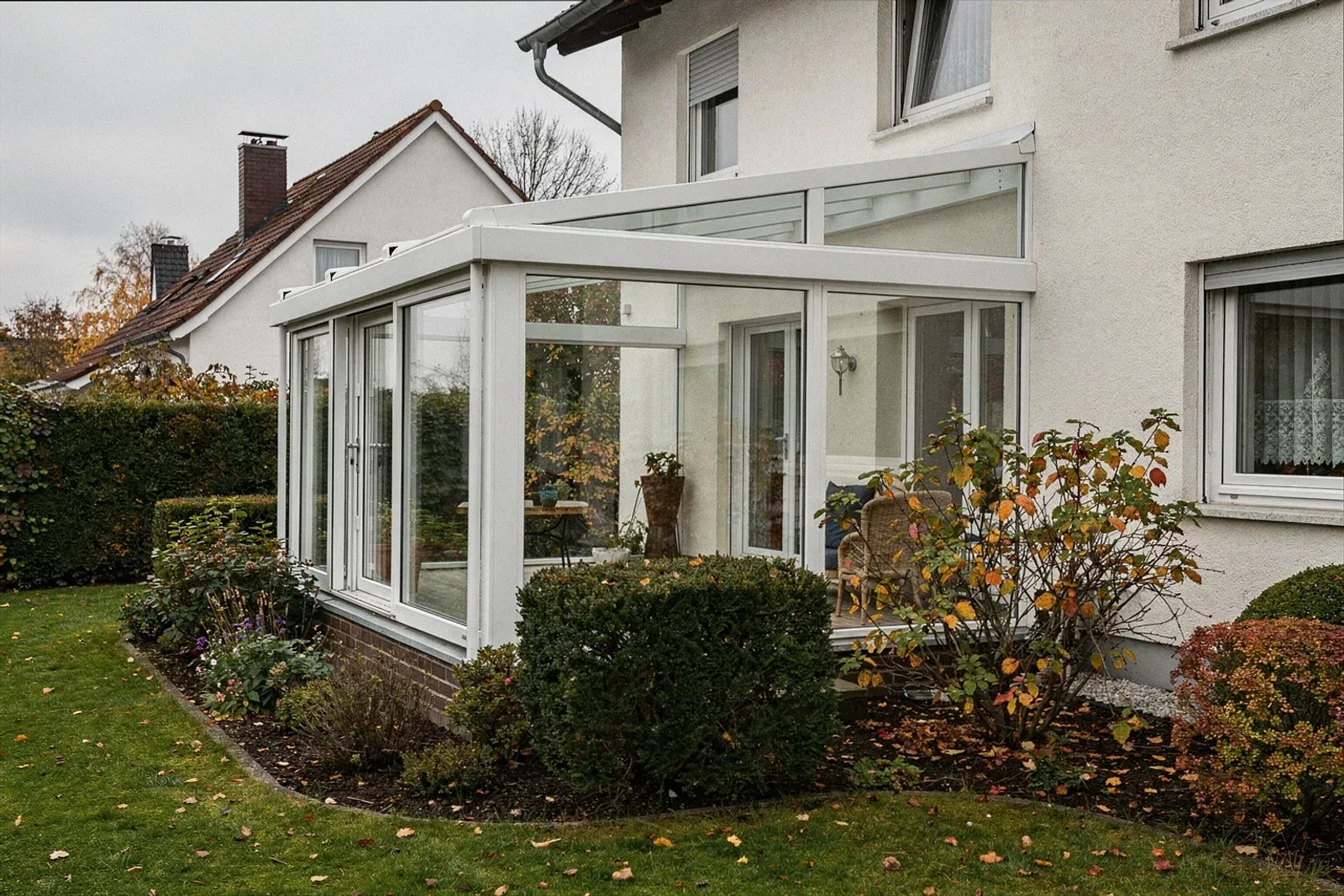 Unbeheizter Kaltwintergarten mit Glasdach an einem Einfamilienhaus in Rostock