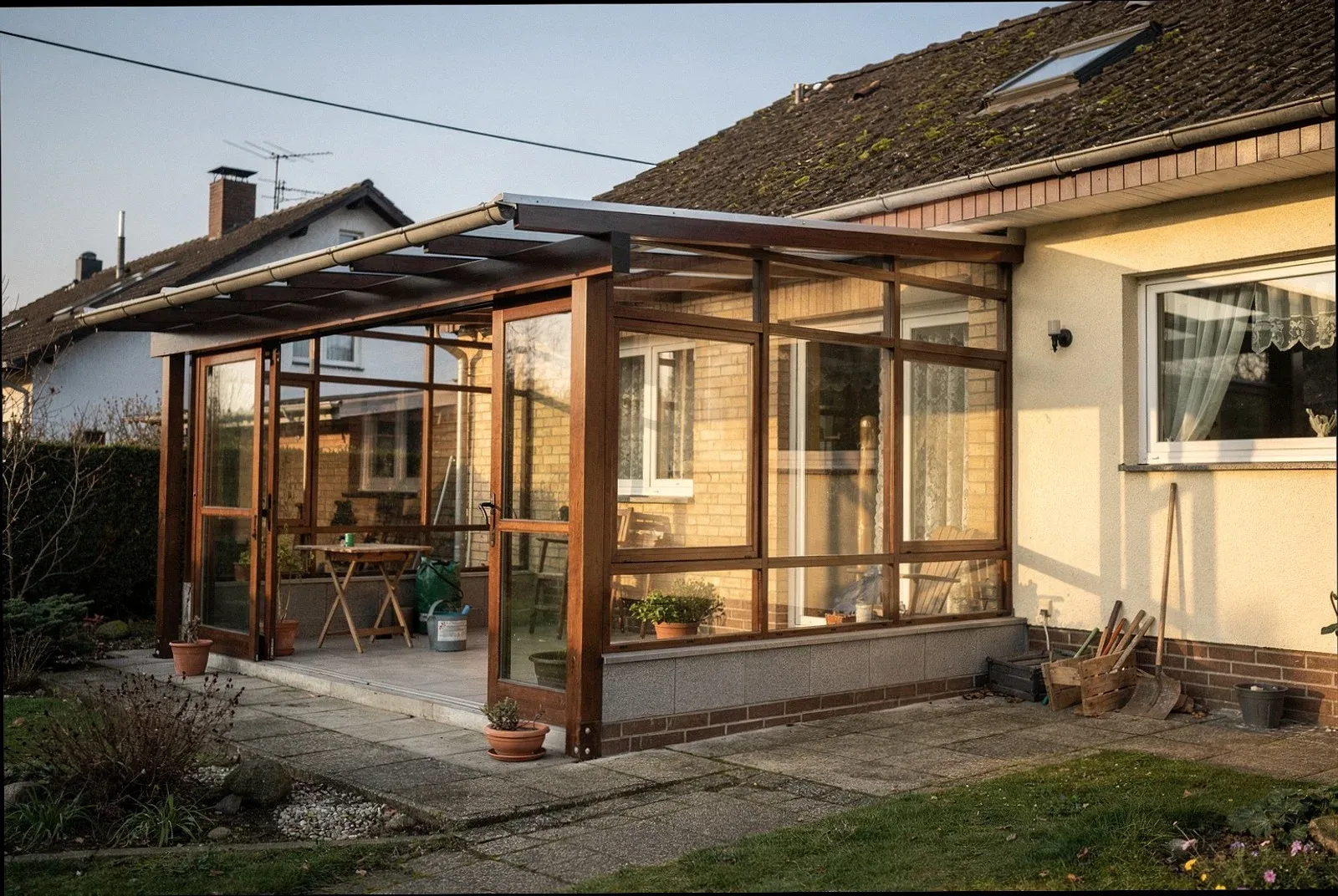 Einst offene Terrasse in Rostock, heute als Sommergarten verglast